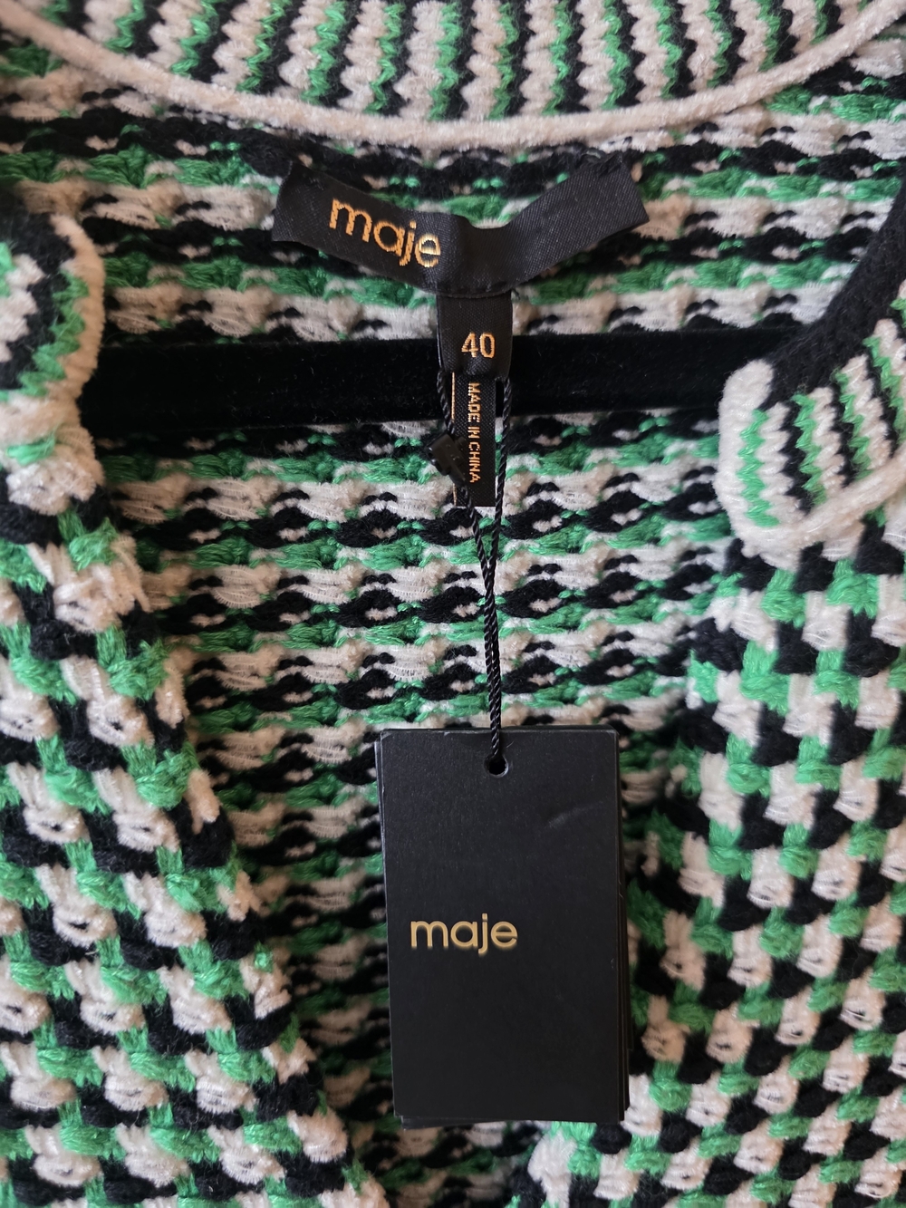 Maje Green and White Knit Mini Dress with Pocket Details, French 40 = USA 8-10. - Picture 4 of 6